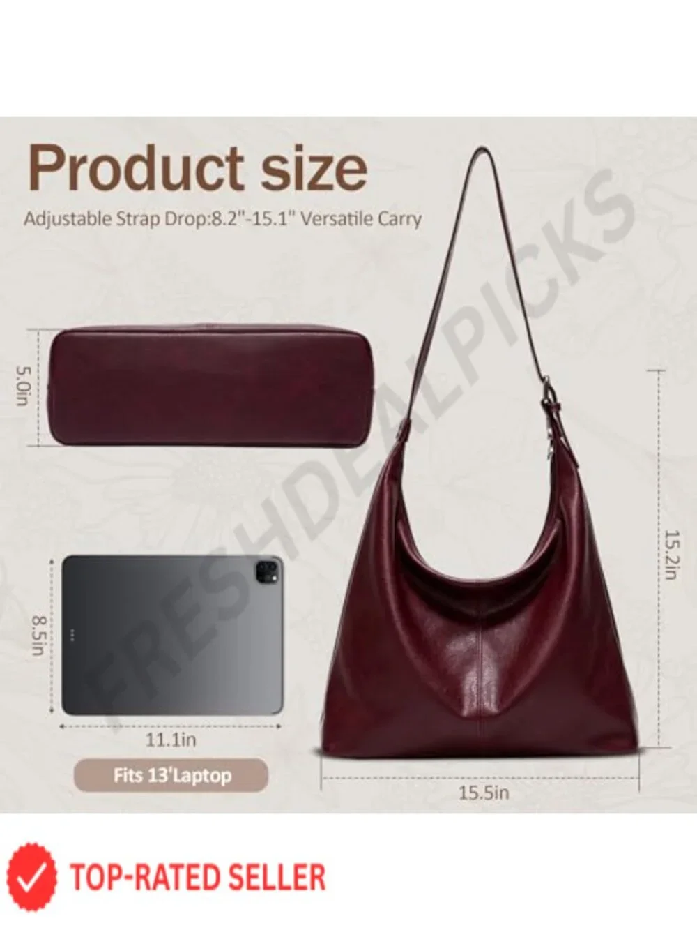 Large Slouchy Hobo Bag Vegan Leather Adjustable Shoulder Purse Work Tote